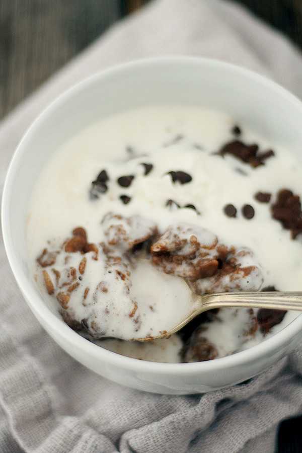 spoonful of hot chocolate oatmeal in bowl, with cream and chocolate chips