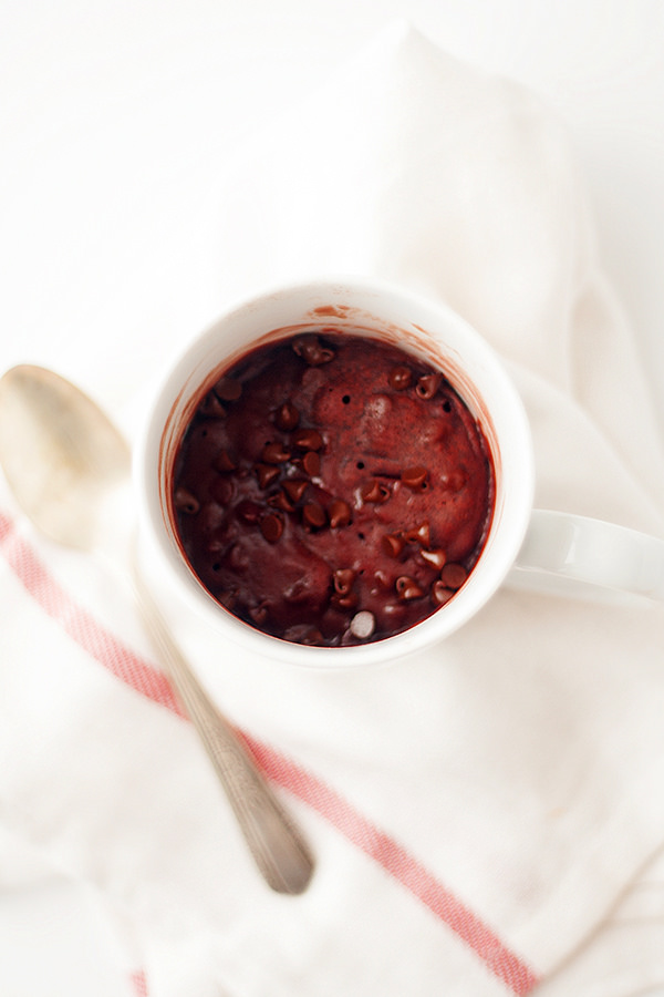 red velvet chocolate chip mug cookie