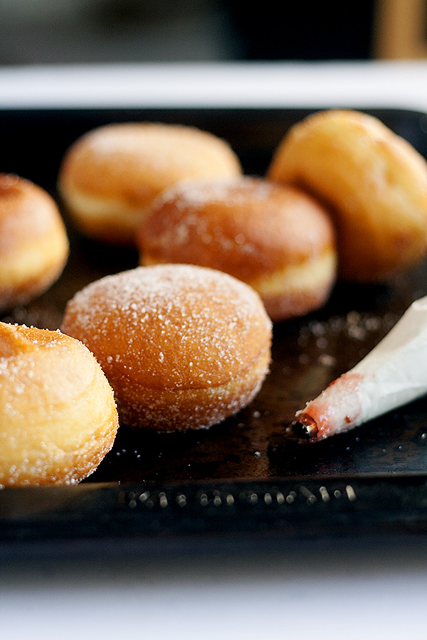 homemade strawberry rhubarb jelly doughnuts