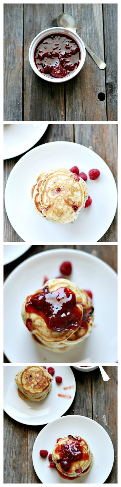strawberry mascarpone poppy seed pancakes with strawberry syrup
