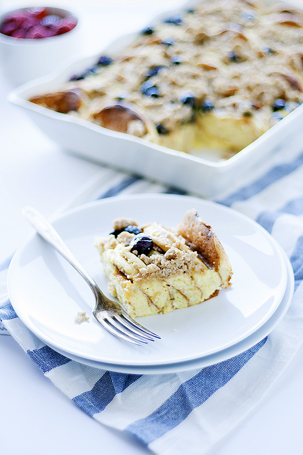 lemon-ricotta overnight pancake casserole with blueberries