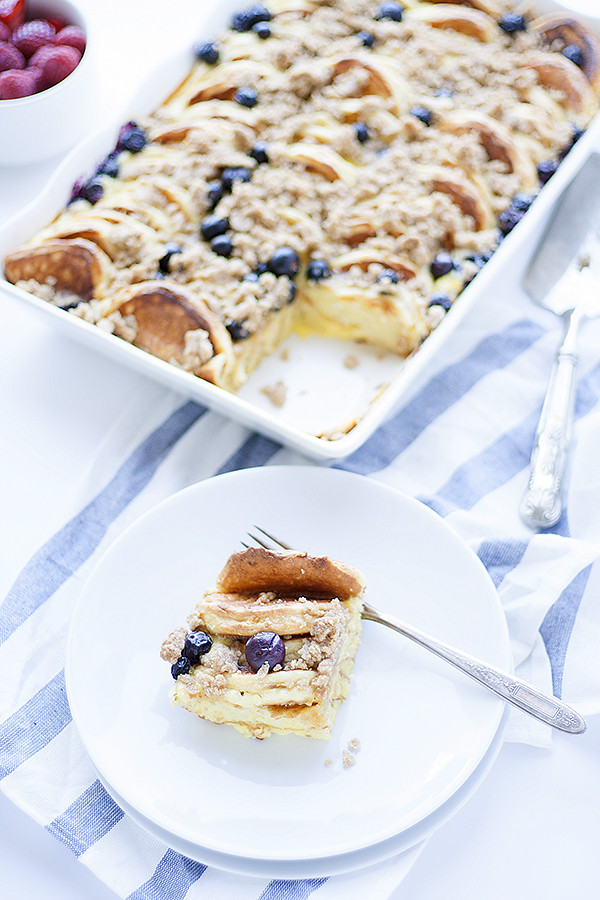 lemon-ricotta overnight pancake casserole with blueberries