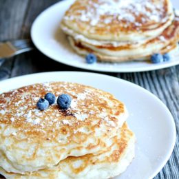 "buttermilk" blueberry pancakes made with Greek yogurt