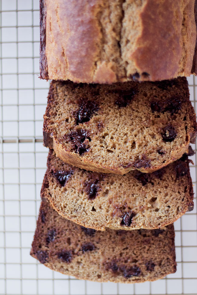 greek yogurt and coconut oil make this loaf incredibly moist.  easy to make and ready for the oven in less than 15 minutes, this healthy chocolate chip banana bread is simply the BEST!!