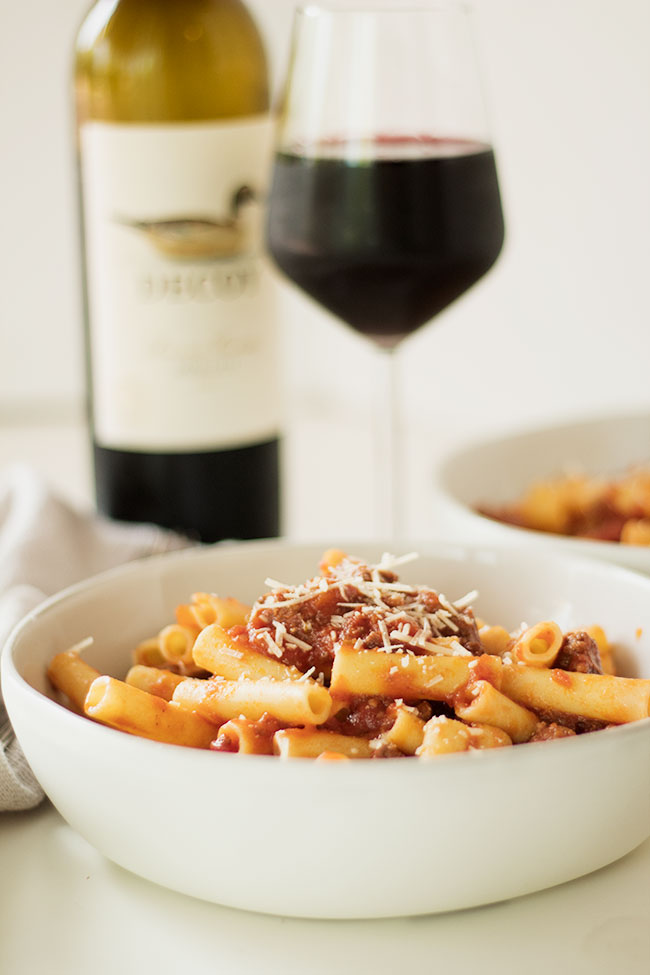 comfort food at its best! grandma's speghetti sauce and a glass of merlot