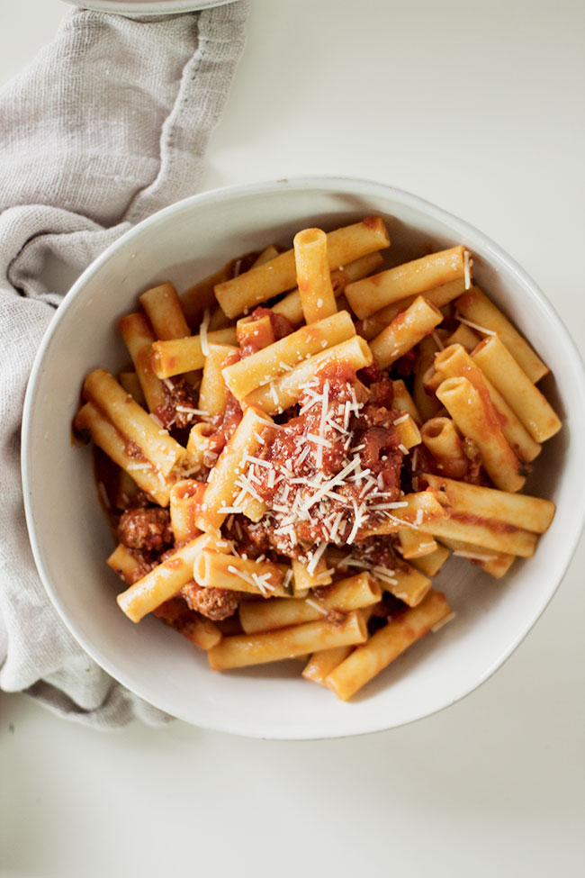 the very best in comfort food | a big bowl of pasta topped with grandma's spaghetti sauce