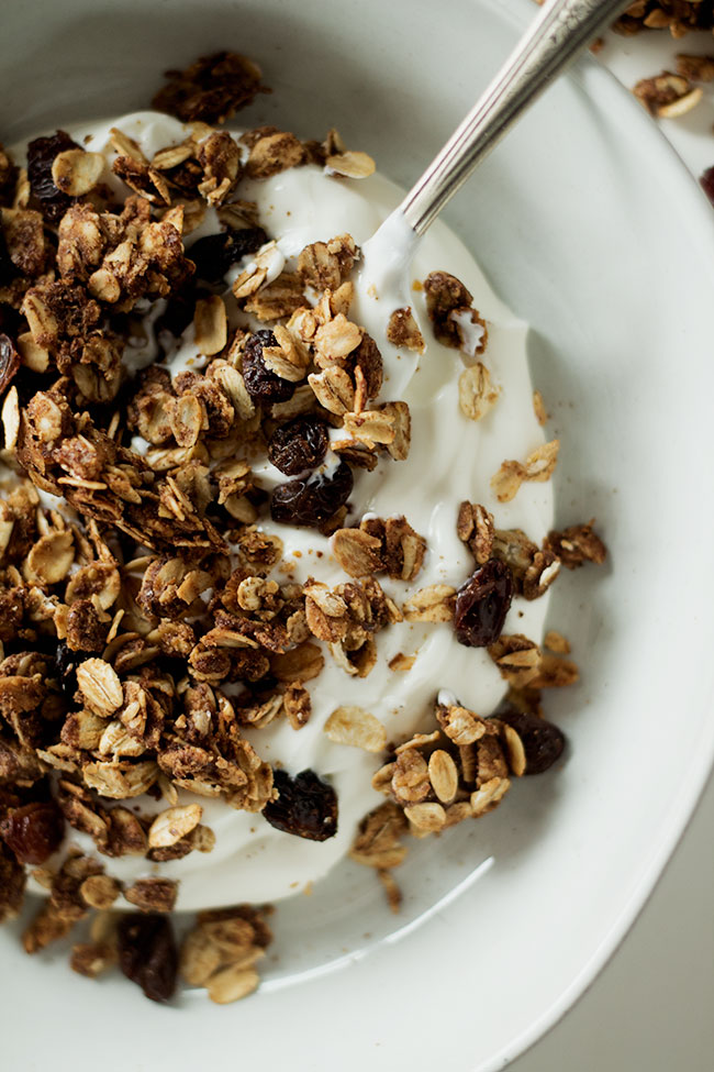 yogurt with homemade oatmeal raisin cookie granola